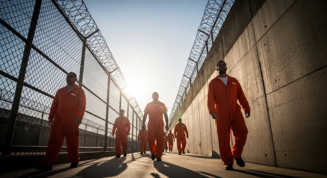 Prisoners in Orange Jumpsuits Walking Along a High Security Prison Wall with Razor Wire Fence