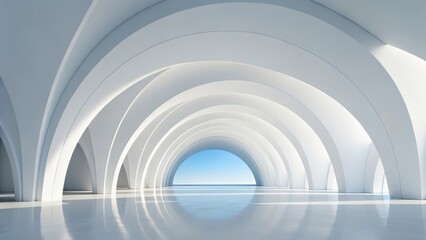 Fototapeta premium Modern hall with white arches and bright blue sky view