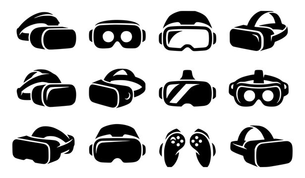 Set of black and white virtual reality headset icons for gaming and technology design projects