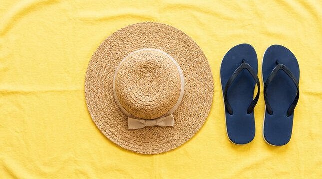 Flat lay of woven straw sun hat with bow and navy blue flip flops arranged on bright yellow fabric background for summer beach vacation