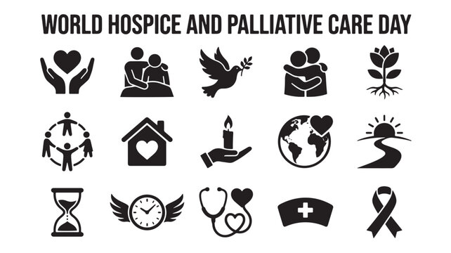 World Hospice and Palliative Care Day icon set, 15 black vector elements for end of life support, medical nursing and compassion symbols