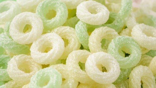 A close-up shot of a stack of ring-shaped, sugar-coated gummy candies in white and light green.
