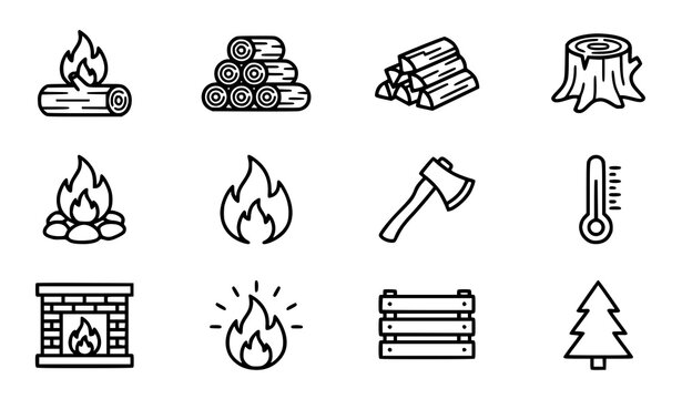 Set of simple line art icons representing firewood fire camping forest elements and winter heating equipment