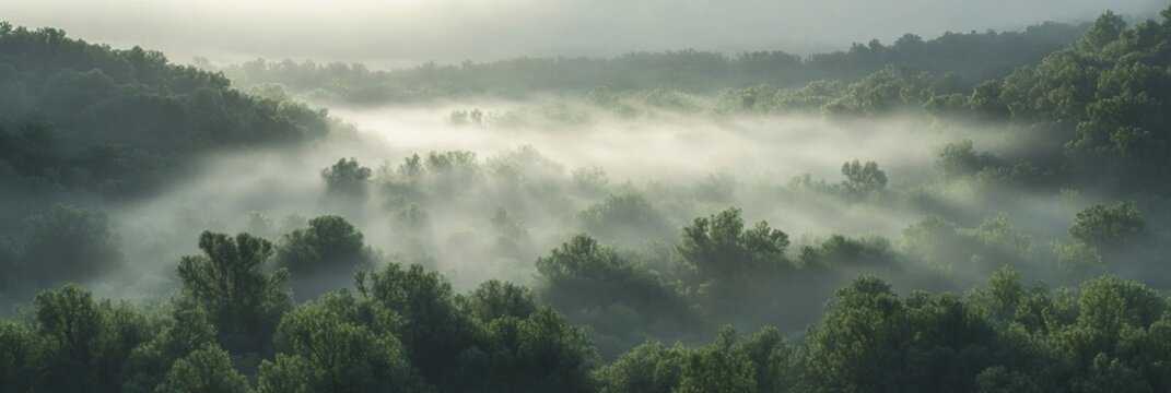 A serene foggy forest landscape at dawn with rays of sunlight breaking through morning mist, 8K.