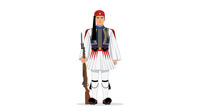 Greek Evzones Soldier in Traditional Uniform with Rifle - White Background
