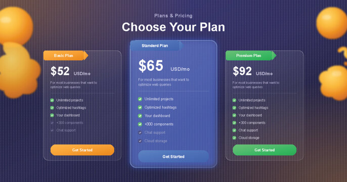 Glassmorphism pricing table vector template, modern subscription plans and business web design