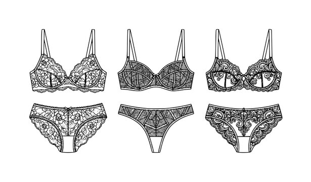 Set of hand drawn lingerie sketches featuring elegant lace bras and matching panties in black and white