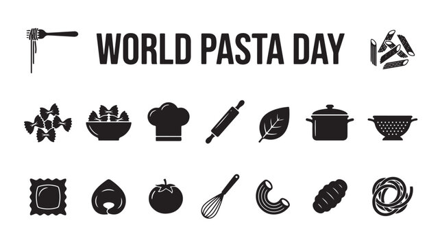 World Pasta Day icon set, black silhouette Italian food symbols, culinary cooking equipment and pasta shapes vector collection for restaurant menus