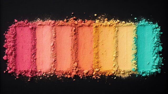 Colorful eyeshadow makeup powder palette swatches in rainbow colors arranged in rows on a black background