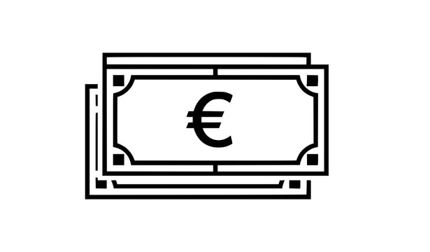 Simple black and white icon representing a stack of euro banknotes for financial and banking design projects