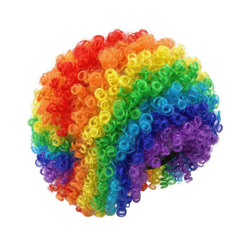 Bright colorful rainbow curly clown wig isolated on a transparent background