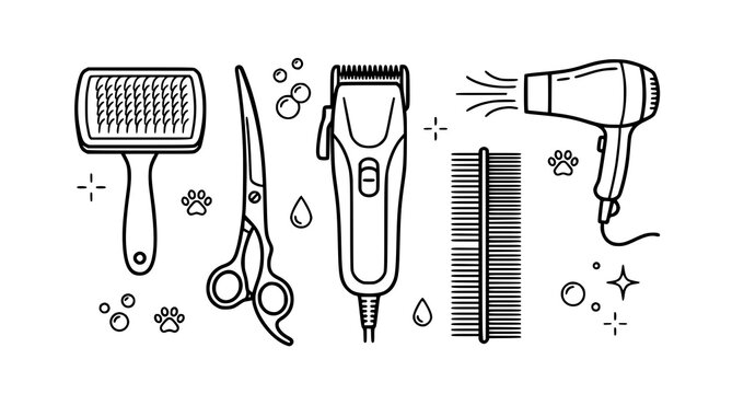 Set of professional pet grooming tools including scissors clippers brush comb and hairdryer in doodle style