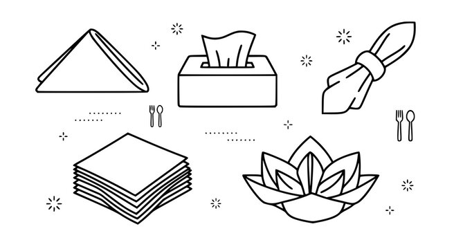 Set of hand drawn napkin icons featuring folded table linens and a tissue box for restaurant design