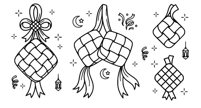 Hand drawn ketupat rice cakes with lanterns and stars for eid mubarak celebration black and white outline