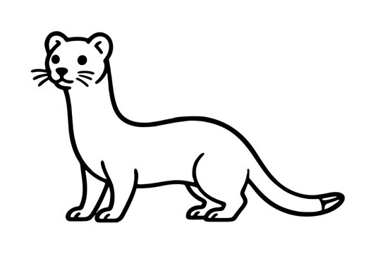 Hand-traced black outline vector icon illustration of a sleek weasel standing alert in side profile view with whiskers, elongated body, and bushy tail on white background