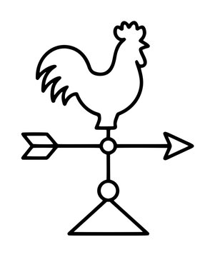 Hand-drawn rooster weather vane vector icon illustration featuring a perched rooster silhouette atop a directional arrow mount with triangular base in minimalist black line style