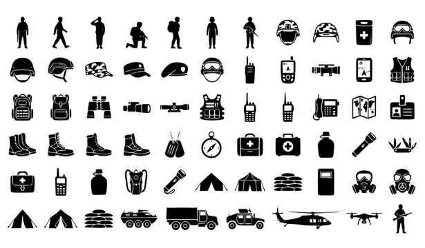 Set of black silhouette icons representing military equipment soldiers vehicles and tactical gear for army operations