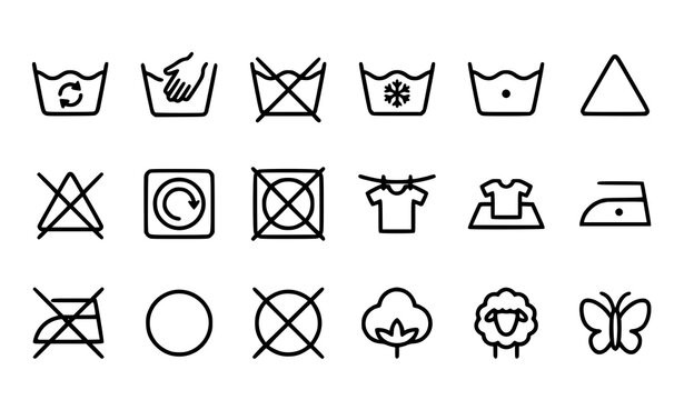 Set of hand drawn laundry care instruction symbols for clothing labels and textile garment maintenance icons