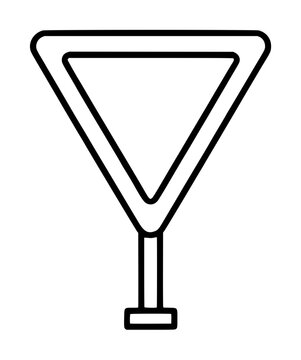 Black outlined yield traffic sign vector illustration with slender post and base, isolated on white background, minimalist hand-drawn triangular warning sign icon for road safety