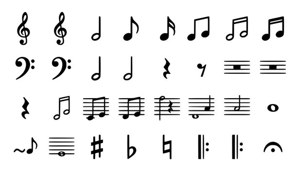 Collection of various musical notes and symbols for music theory and composition isolated on white background