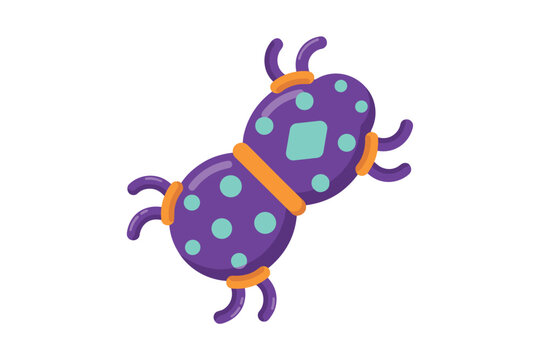Cute cartoon microbe vector illustration of a purple cell division microorganism with green spots and orange accents on a clean white background