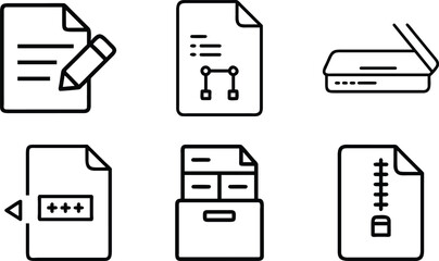 Set of outline icons for file management document editing document scanner zip archives data organization and digital information handling tasks. © MDTANVIR