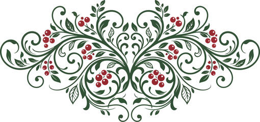 Elegant floral swirl ornament with red berries and black leaves in a symmetrical vintage style decorative border design for invitations and greeting cards © Marufin Art