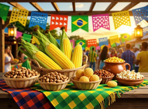 Festive table with corn cobs in wicker basket, peanuts at Festa Junina event. Traditional Brazilian snacks sweets popcorn in rustic bowls on colourful checkered tablecloth. Decorations with hanging