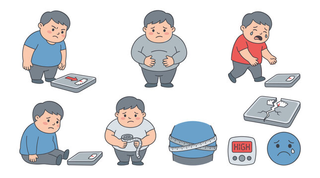 Set of overweight people illustrations, sad man using weight scale, measuring waist, health tracking, diet motivation, obesity management, lifestyle