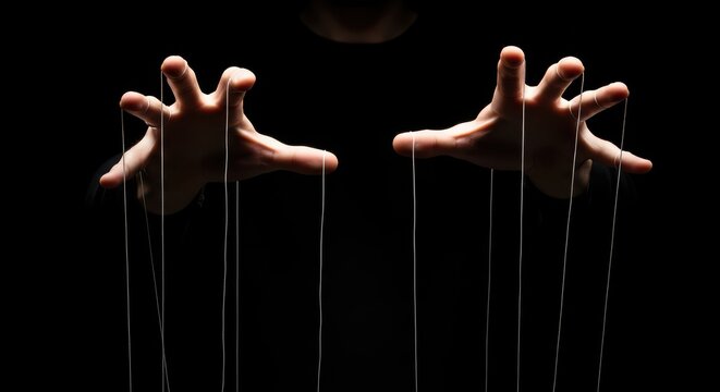 Mysterious Puppeteer Hands Controlling Strings in the Dark - Concept of Manipulation and Power