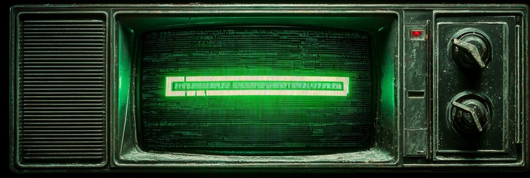 Vintage CRT television screen displaying a glowing green loading bar with analog static and scanlines on a dusty retro monitor console in a dark room environment