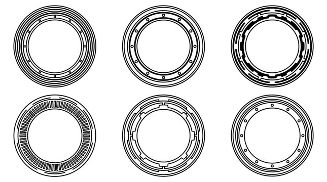Set of six nautical porthole frames in black outline, maritime window design elements, round borders for display or framing photos