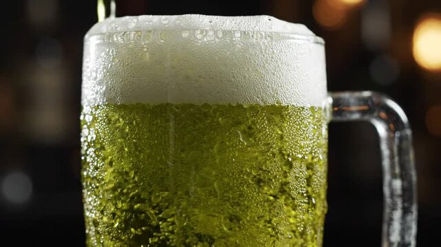 Cold beer pouring into a frothy glass mug, refreshing beverage close-up