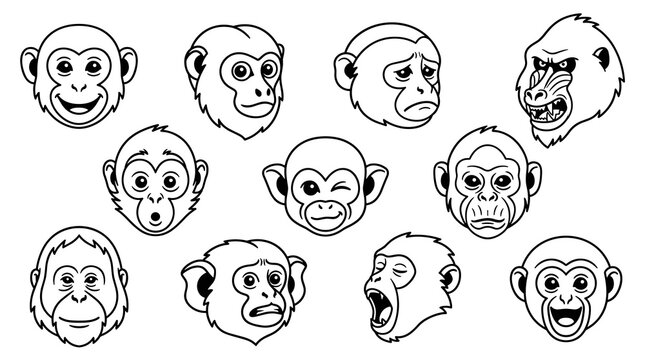 Set of expressive monkey faces in a line art style, showcasing various emotions like joy, surprise, and sadness, ideal for educational materials or