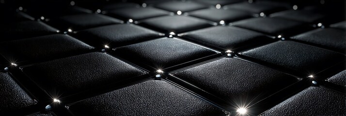 Obraz premium Luxury black leather quilted texture featuring elegant square tufted cushions with sparkling metallic diamond studs reflecting bright light for sophisticated interior design