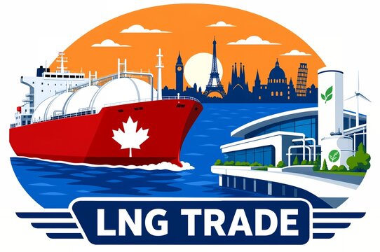 Canada to Europe LNG trade illustration with tanker ship, European skyline, and regasification terminal