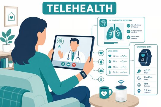 Telehealth virtual doctor consultation illustration with AI diagnostics, vital signs, and wearable health data