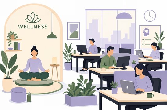Workplace wellness and mental health illustration with meditation room and modern office environment