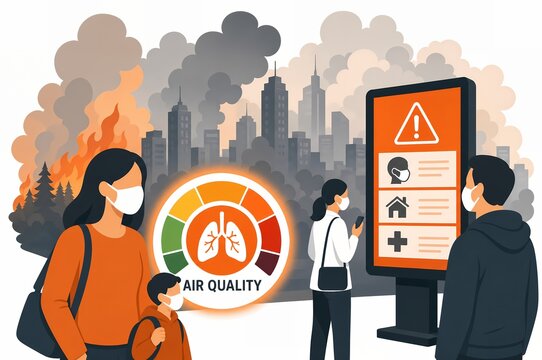 Wildfire smoke air quality emergency illustration with people wearing masks, AQI index gauge, and city smog warning