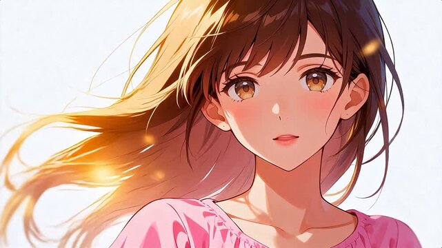Anime girl with flowing hair in sunlight