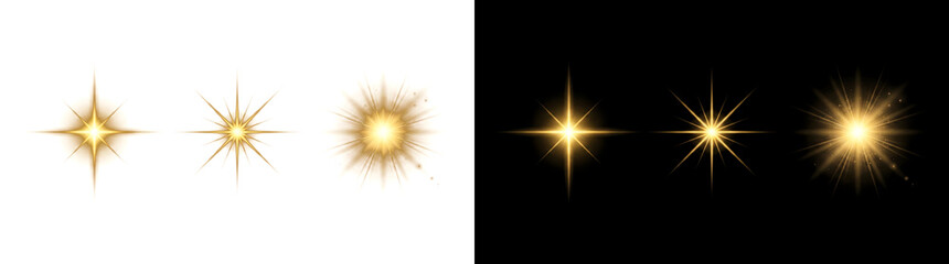 Obraz premium Bright gold star light flare icon set with sparkling rays perfect for photo overlay in PNG, Transparent and Black Background Versions
