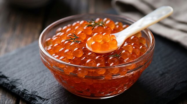 Red Caviar. Closeup of salmon fish roe caviar. Delicatessen. Texture of trout caviar. Chum salmon caviar macro shot.