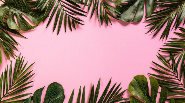 Tropical palm and monstera leaves border frame on pink background