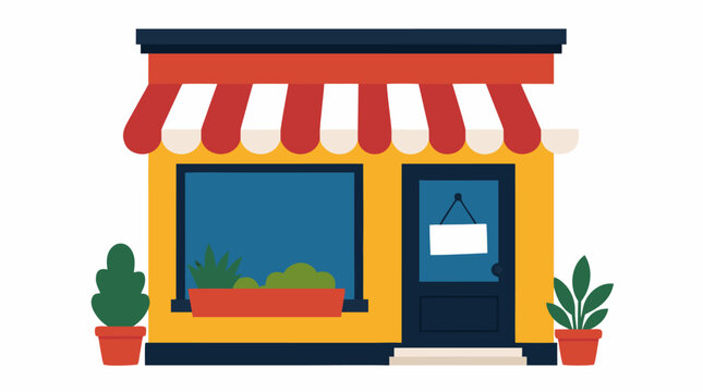 Small boutique shopfront with striped awning, dark blue door featuring hanging closed sign, large display window with potted plants and greenery, bold flat colors, isolated white background, vector