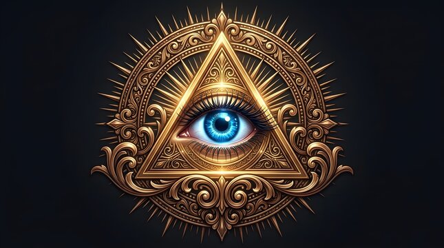 Ornate golden eye within an intricate triangle design on dark background