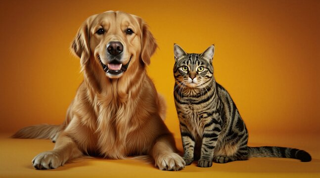 Golden retriever dog and tabby cat sit together looking forward. Animals pose on orange background studio. Pets make good friends in this companionable image.