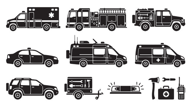 Emergency vehicle icons set, black silhouette fire truck and ambulance vectors, police car and rescue transport collection