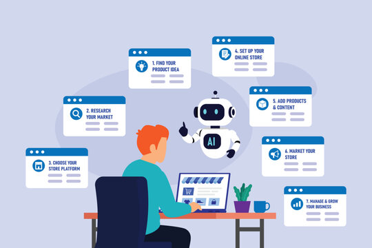 AI-Powered E-Commerce Business Assistant with Entrepreneur and Robot for Online Store Setup 2d flat vector illustration