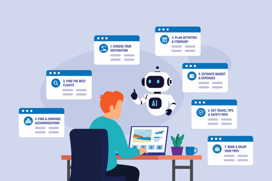 AI Travel Planner with Traveler and Robot Assistant for Itinerary Planning, Flight Booking, and Accommodations 2d flat vector illustration