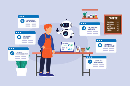 AI-Powered Coffee Shop Assistant with Barista and Robot for Cafe Business Management and Sales Analysis 2d flat vector illustration